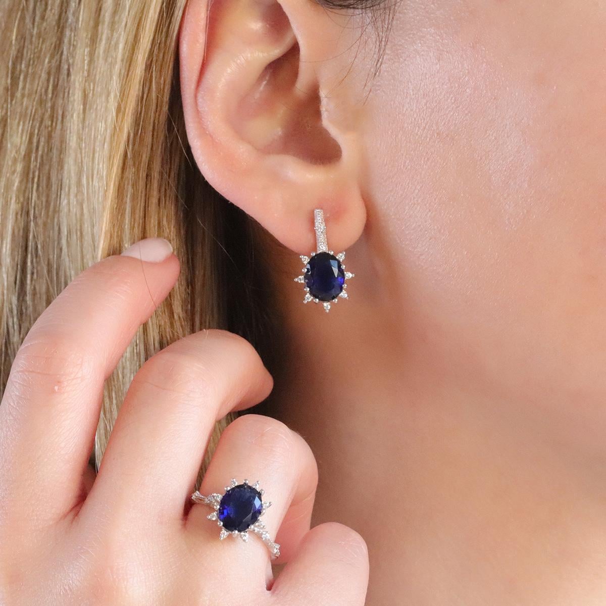 Safir Taşlı Elips Lotus Çiçeği Gümüş Set