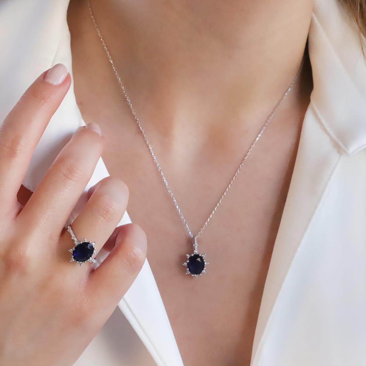 Safir Taşlı Elips Lotus Çiçeği Gümüş Set