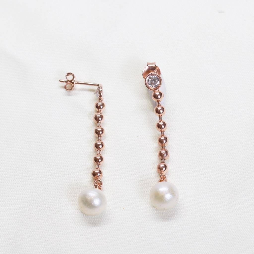 Sallantılı Zirkon Taşlı Rose Gold Kaplama Gümüş İnci Küpe