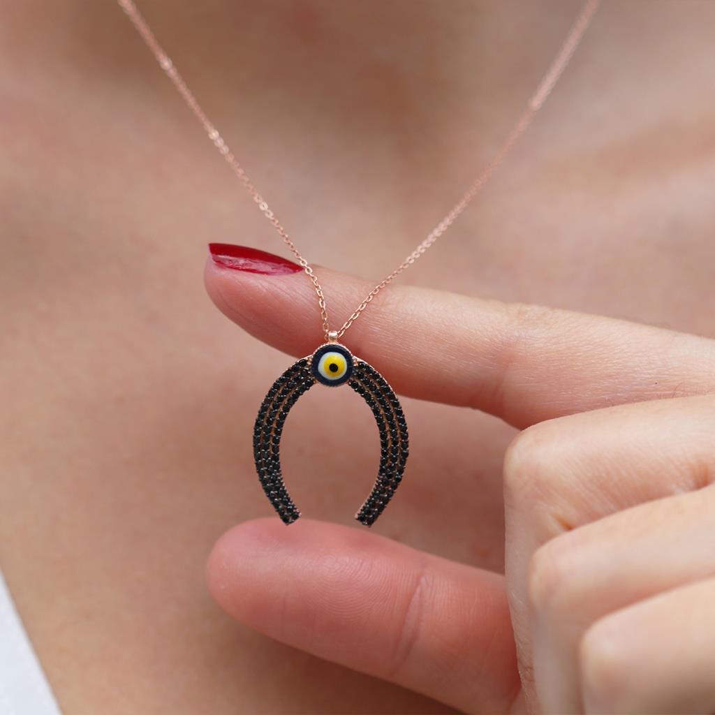 Şans Nalı Nazar Boncuklu Rose Gold Kaplama Gümüş Kolye