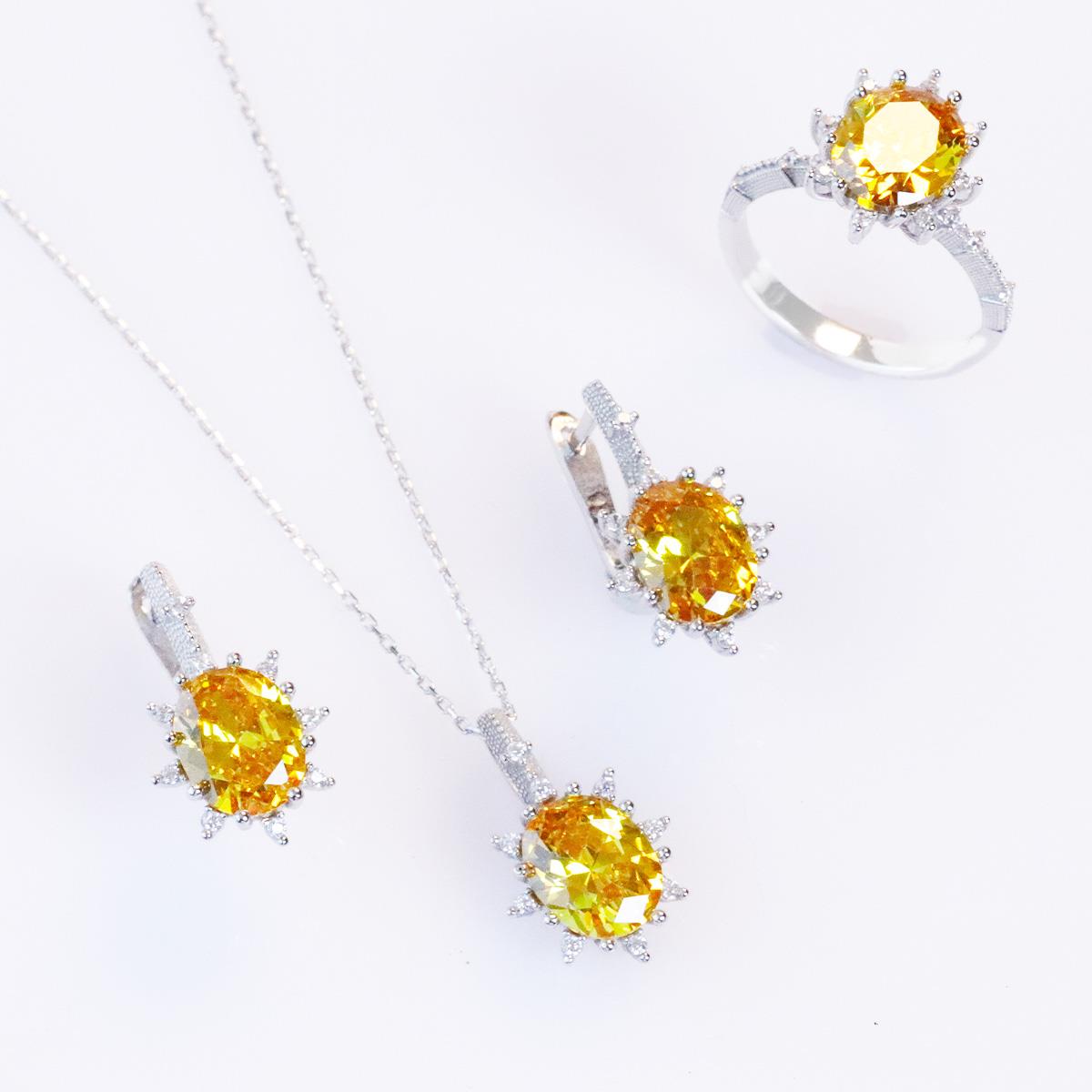 Sitrin Taşlı Elips Lotus Çiçeği Gümüş Set
