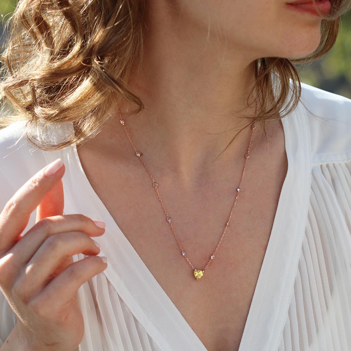 Sitrin Taşlı Rose Gold Kaplama Sevgili Kalp Gümüş Kolye