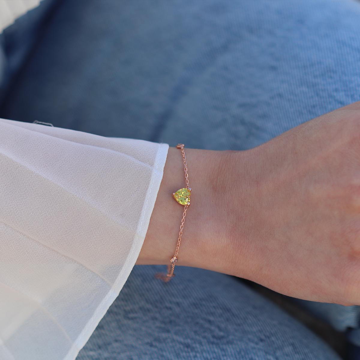 Sitrin Taşlı Rose Gold Kaplama Sevgili Kalp Gümüş Bileklik
