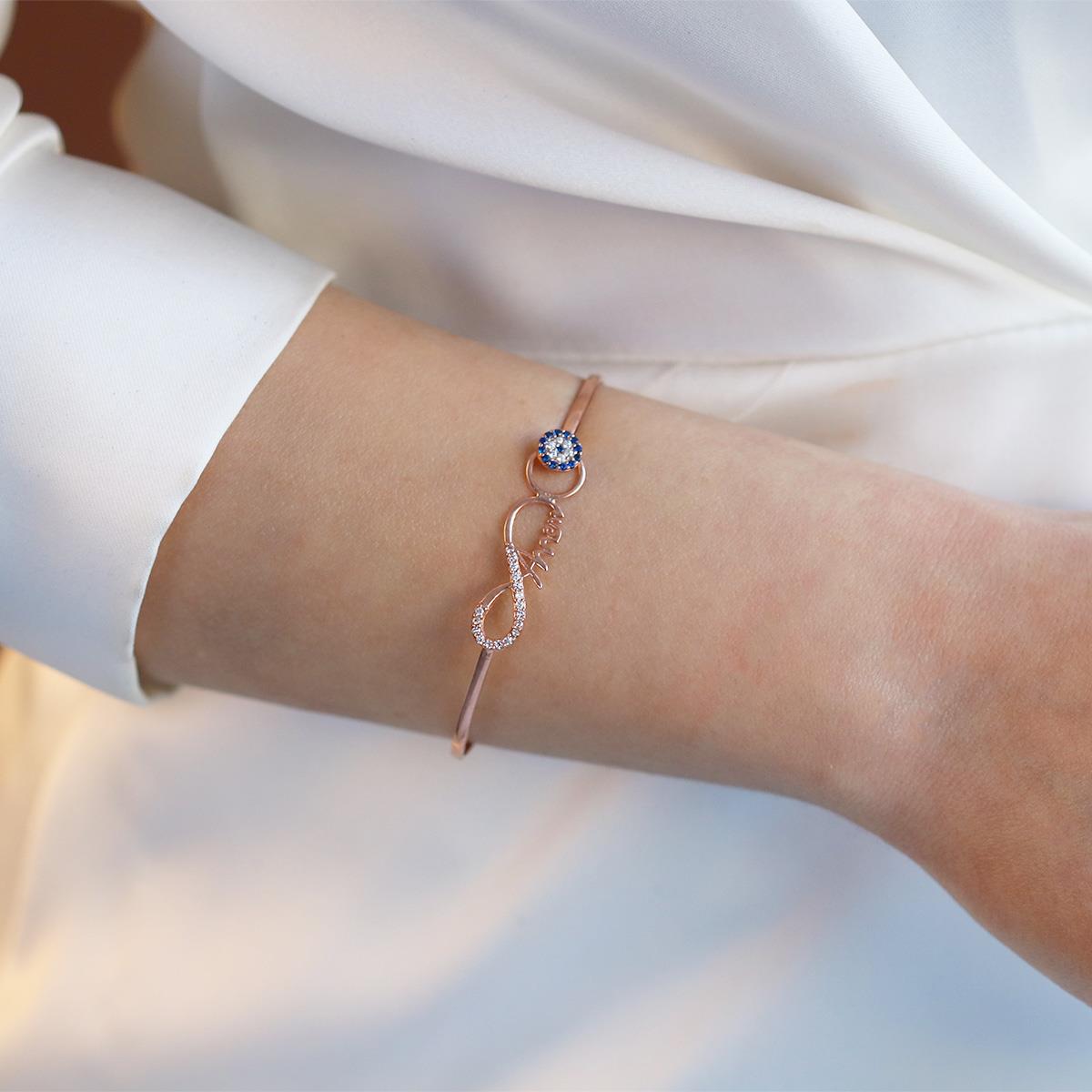 Sonsuzluk Nazar Boncuklu Annem Yazılı Rose Gold Kaplama Gümüş Kelepçe
