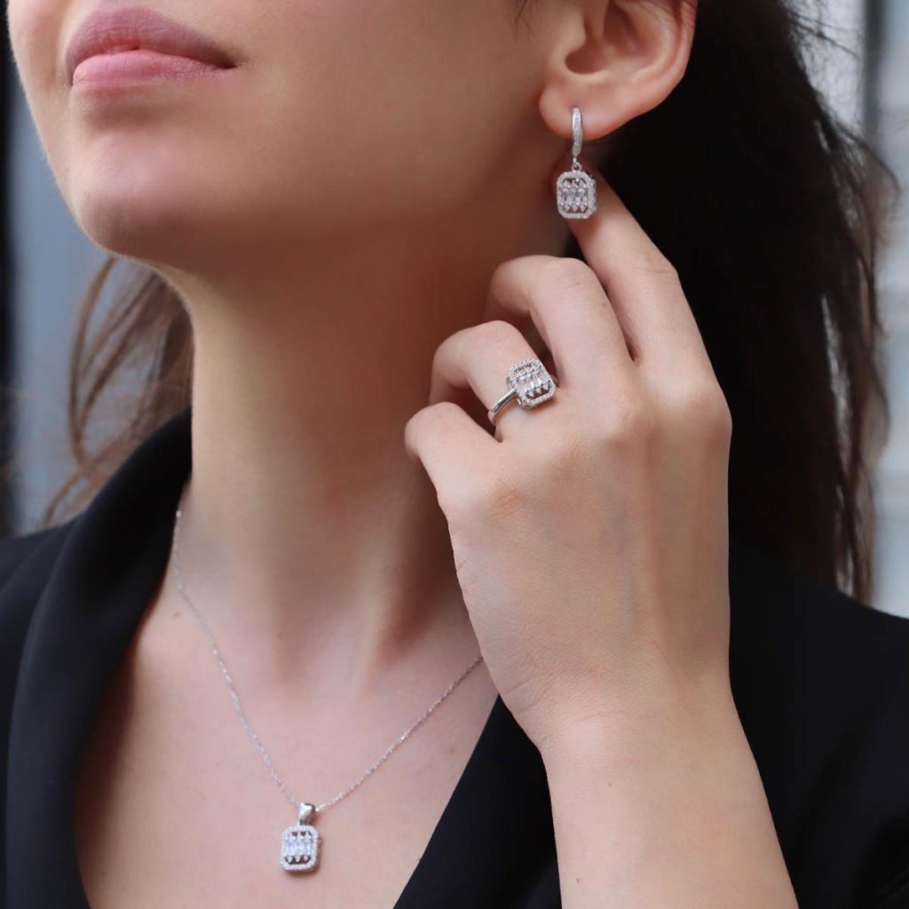 Starlight Diamond Ortası 3 Baget Pırlanta Montür Gümüş Set