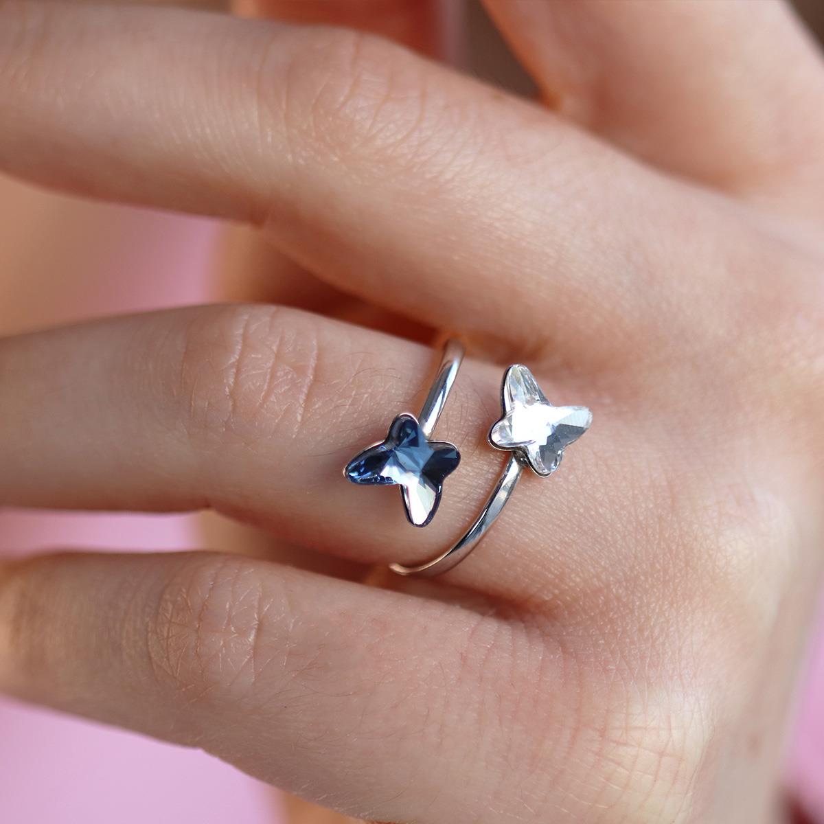 Swarovski Taşlı Renkli Kelebek Gümüş Yüzük