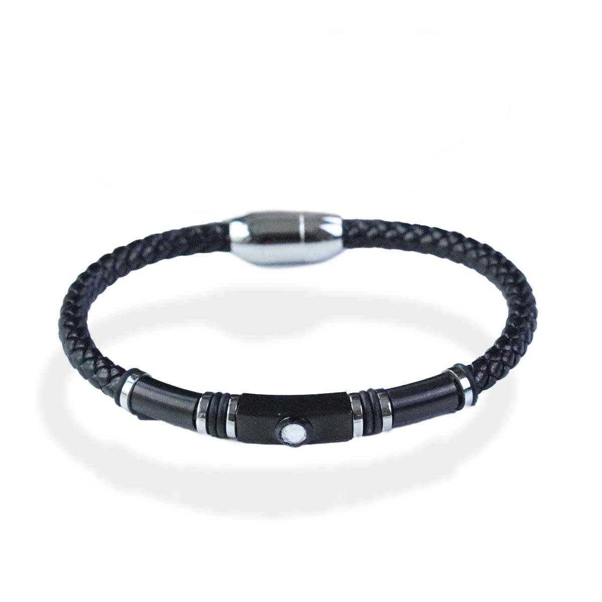 Taşlı Örgü Deri Çelik Bileklik