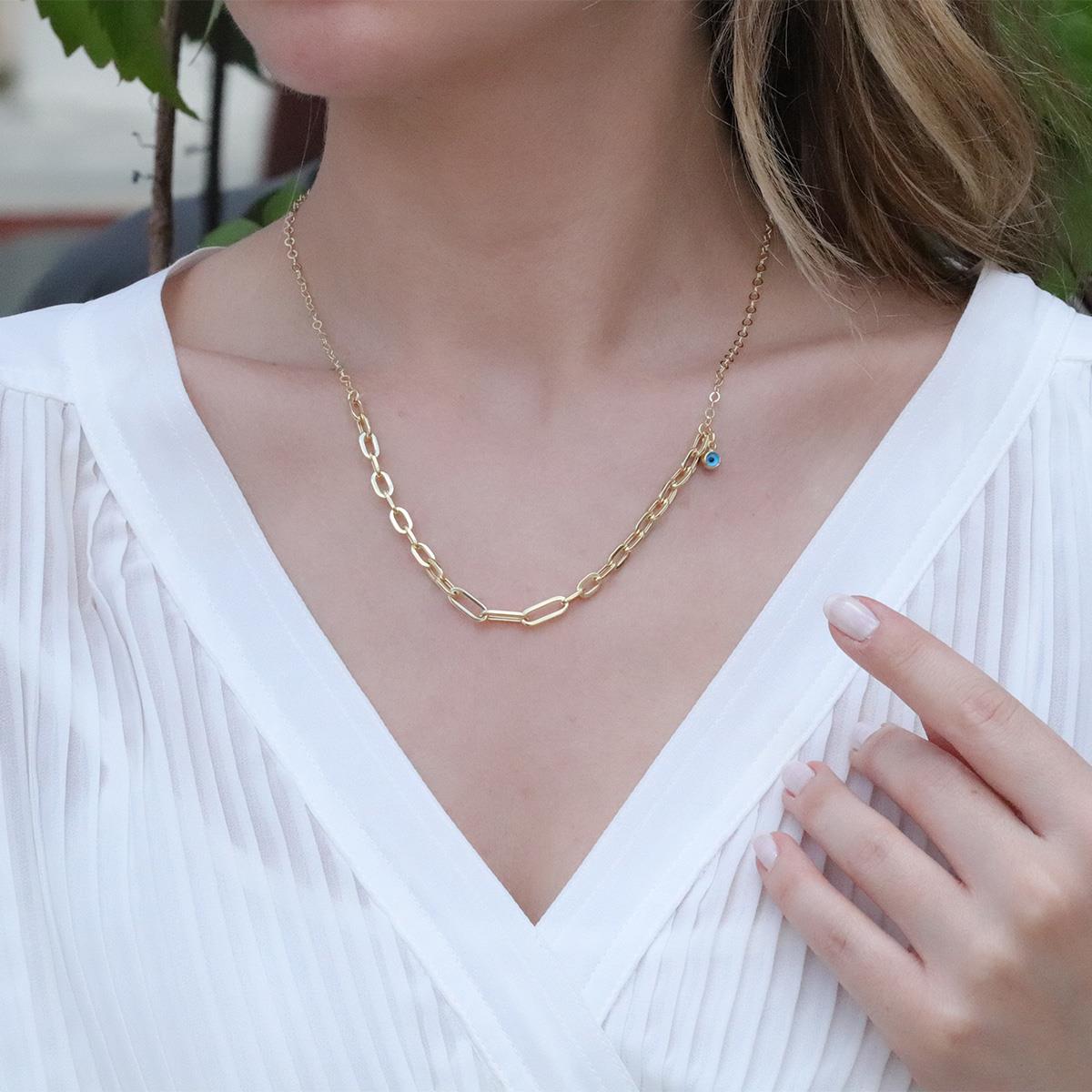 Tek Nazar Boncuklu Trend Zincirli Gold Kaplama Hallow Gümüş Kolye