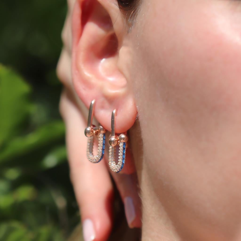 Tif Model Mavi DetayZirkon Taşlı Rose Gold Kaplama Gümüş Küpe