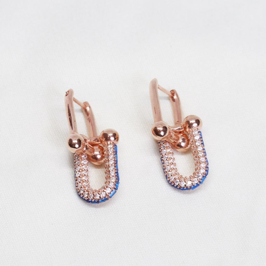 Tif Model Mavi DetayZirkon Taşlı Rose Gold Kaplama Gümüş Küpe