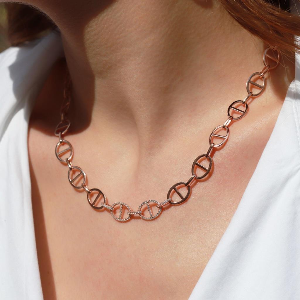 Trend Düğme Modeli Zirkon Taşlı Rose Gold Kaplama Gümüş Kolye