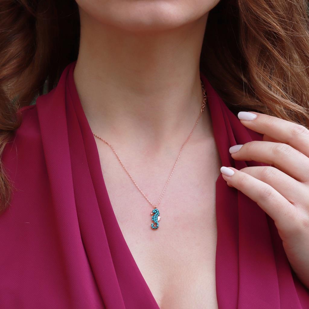 Turkuaz Taşlı Deniz Atı Ve Deniz Yıldızı Rose Gold Kaplama Gümüş Kolye