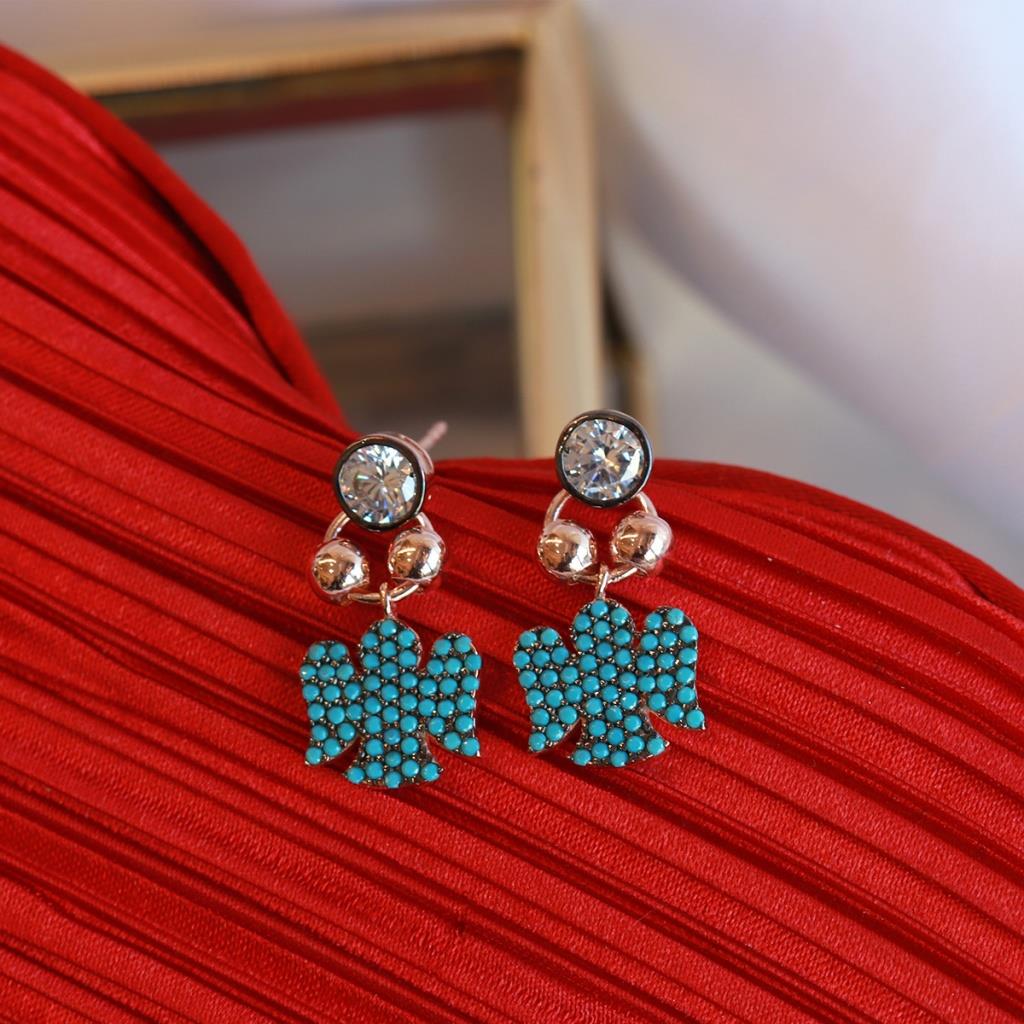 Turkuaz Taşlı Mini Melek Figürlü Rose Gold Kaplama Gümüş Küpe