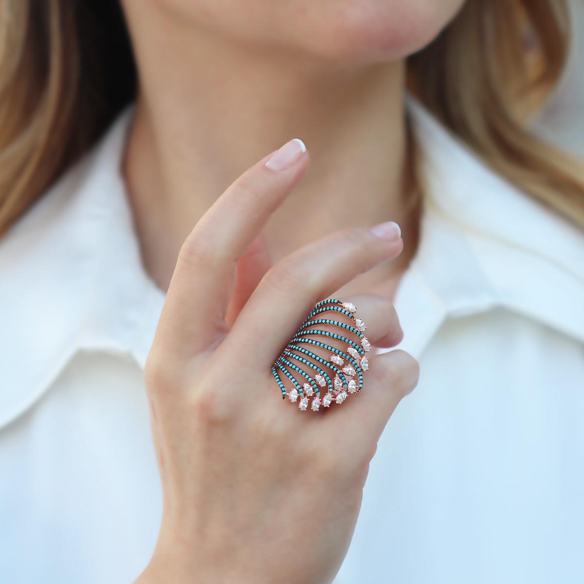 Turkuaz Taşlı Rose Gold Kaplama Gümüş Yüzük