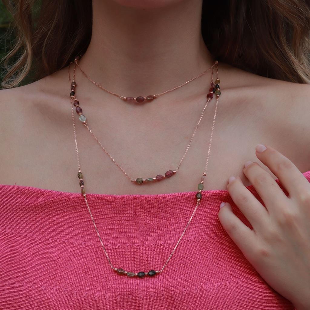 Turmalin Taşlı Dolamalı Rose Gold Gümüş Kolye