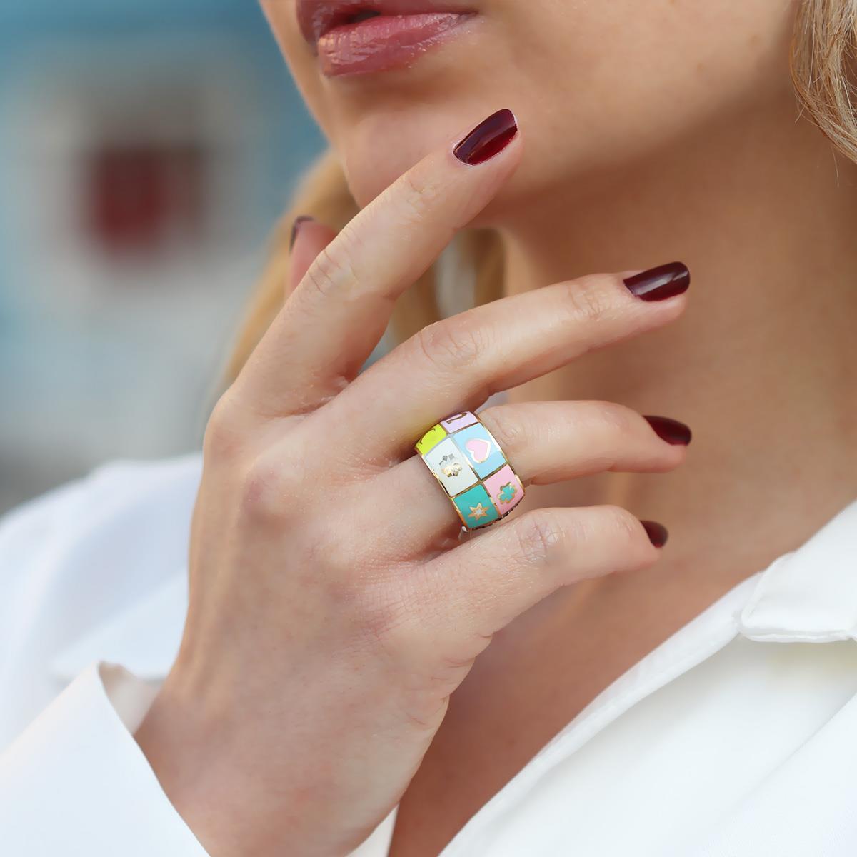 Wonderland Map Çift Taraflı Renkli Mine İşli Gümüş Yüzük