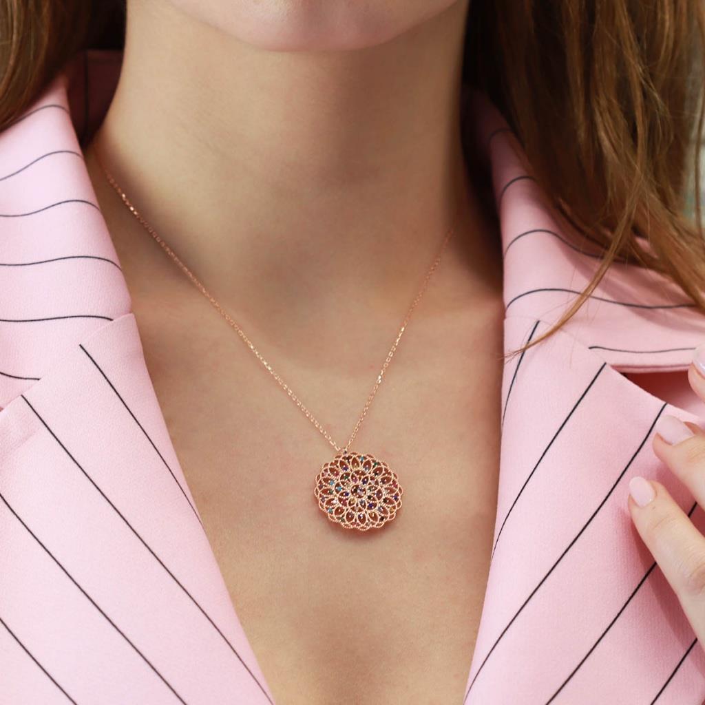 Yaşam Çiçeği Renkli Zirkon Taşlı Rose Gold Kaplama Gümüş Kolye
