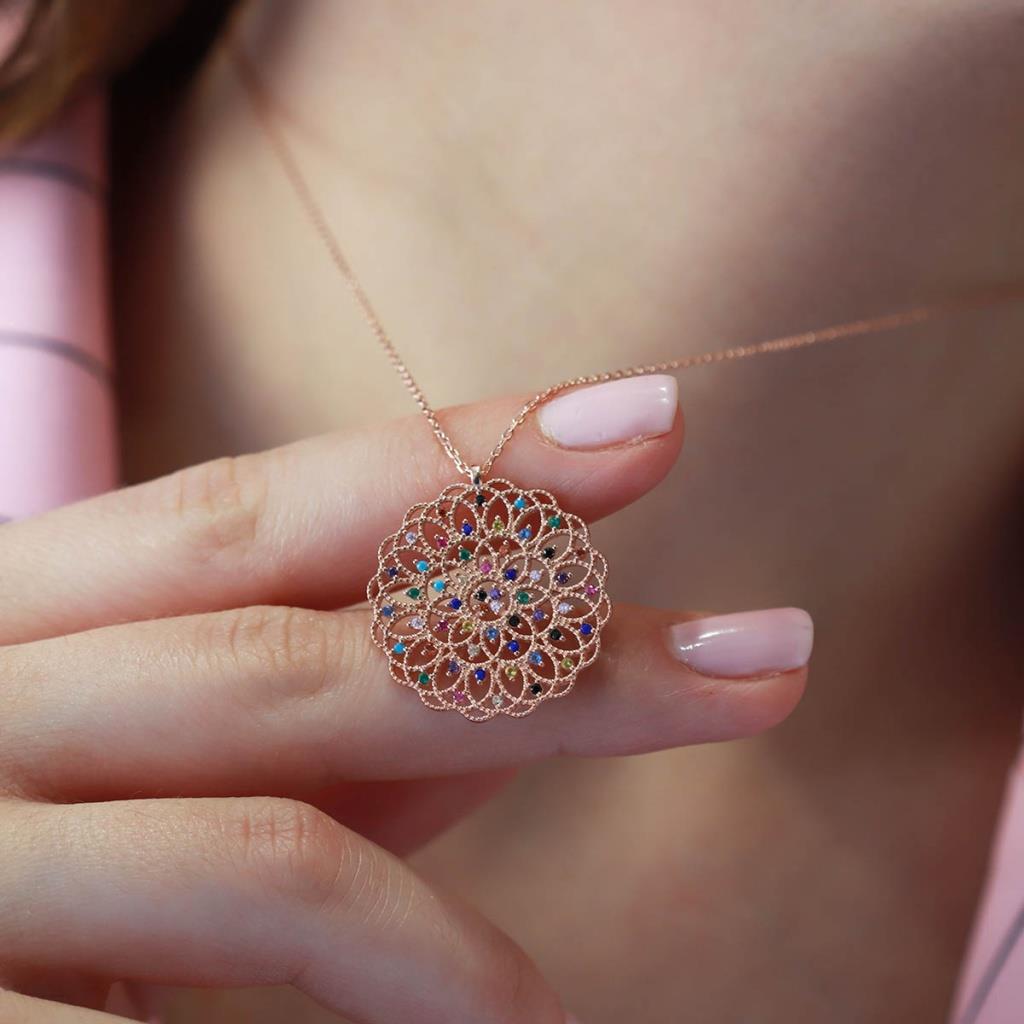 Yaşam Çiçeği Renkli Zirkon Taşlı Rose Gold Kaplama Gümüş Kolye