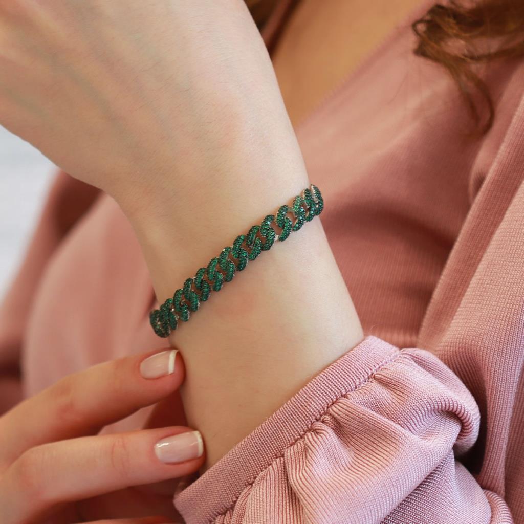 Yeşil Zirkon Taşlı Gurmet Model Zincir Gümüş Kadın Bileklik