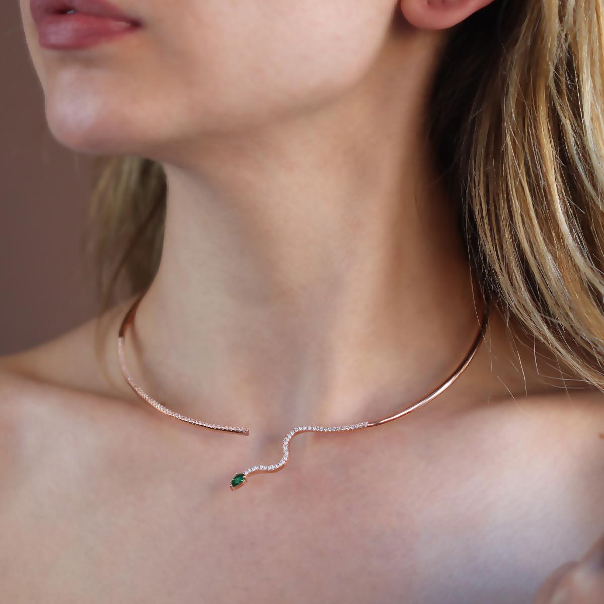 Yeşil Zirkon Taşlı Rose Gold Kaplama Serpent Choker Gümüş Kolye