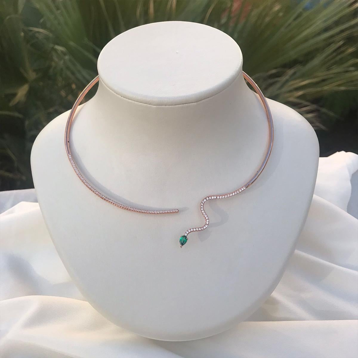 Yeşil Zirkon Taşlı Rose Gold Kaplama Serpent Choker Gümüş Kolye