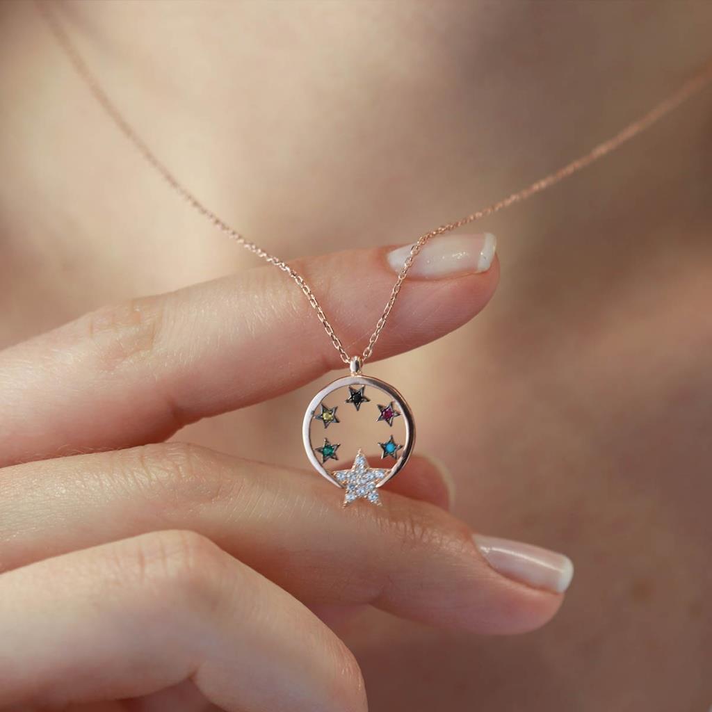 Yıldız Hilal Renkli Zirkon Taşlı Rose Gold Kaplama Gümüş kolye