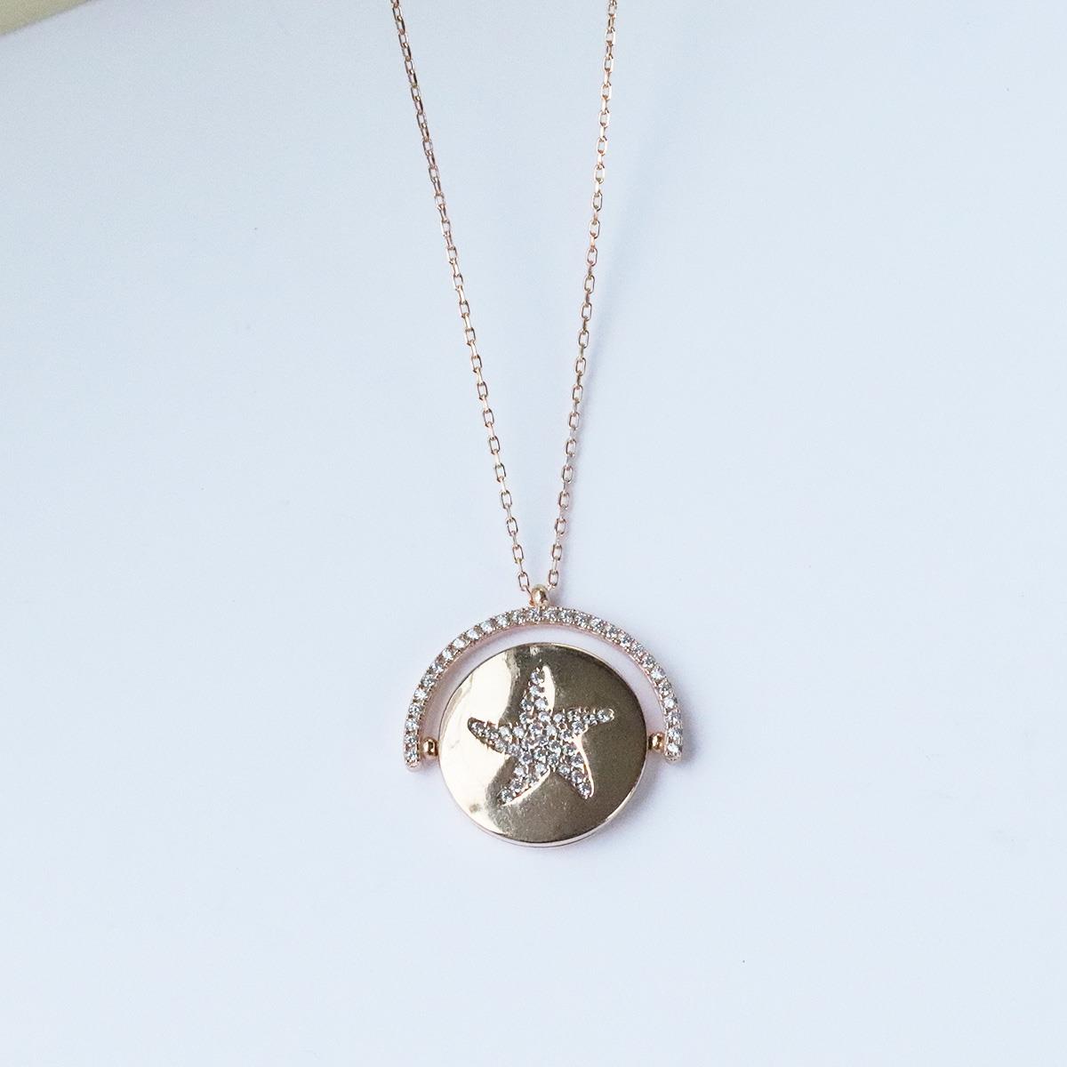 Yıldızlı Çift Taraflı Rose Gold Kaplama Gümüş Kolye