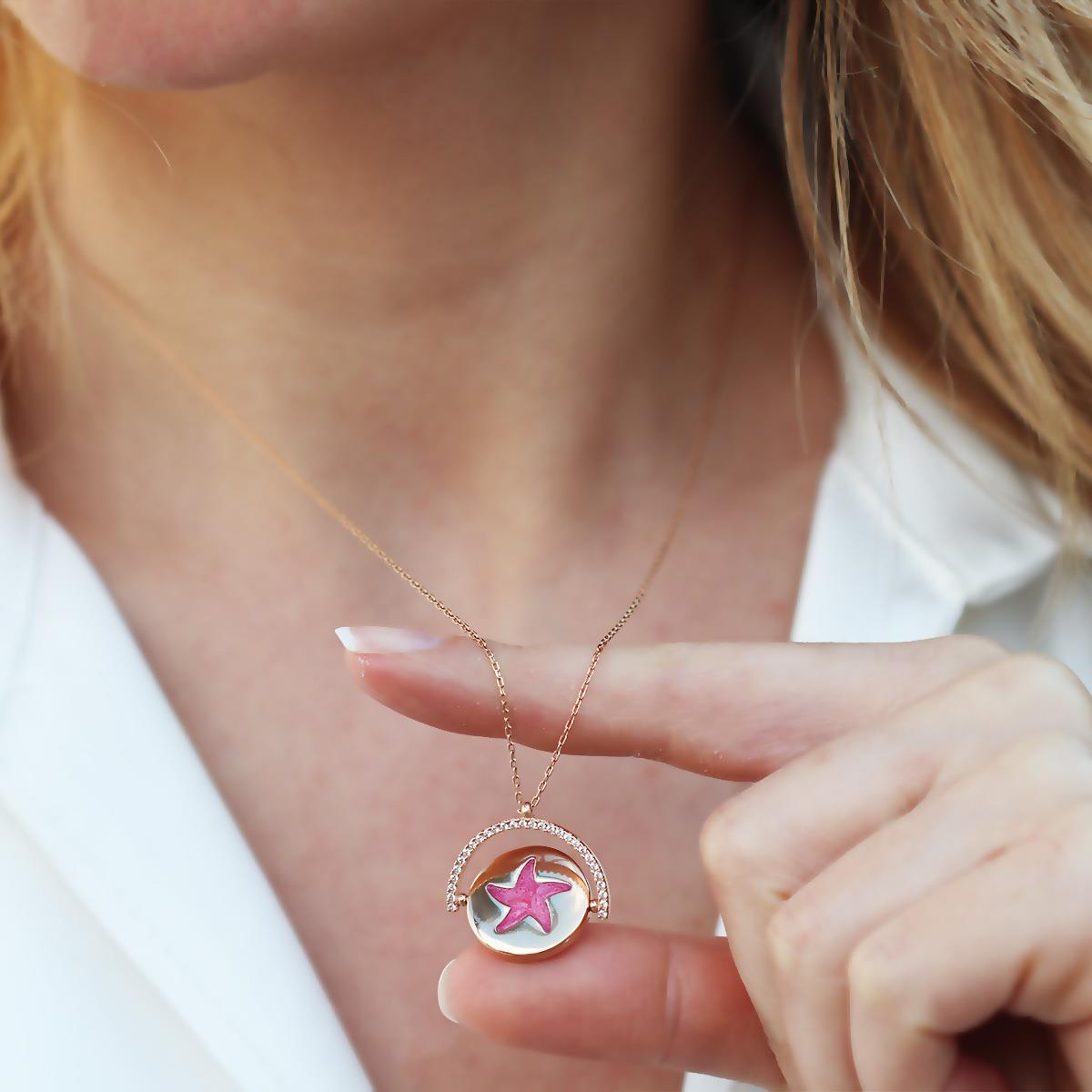 Yıldızlı Çift Taraflı Rose Gold Kaplama Gümüş Kolye