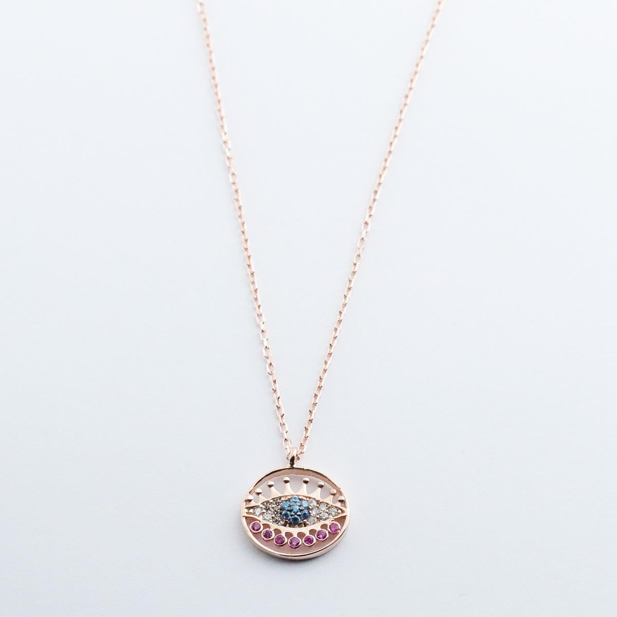 Yuvarlak Göz Modeli Zirkon Taşlı Rose Gold Kaplama Gümüş Kolye