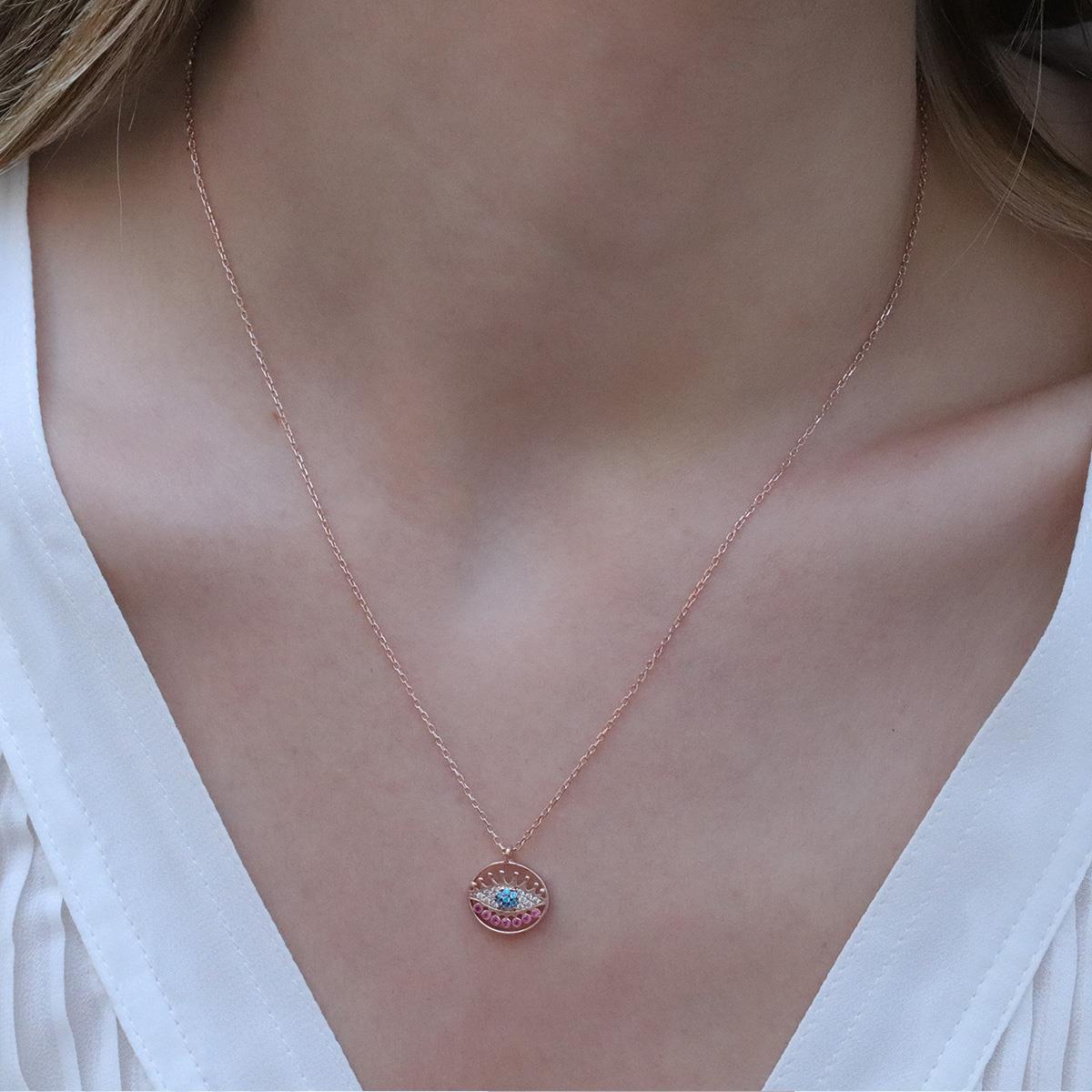 Yuvarlak Göz Modeli Zirkon Taşlı Rose Gold Kaplama Gümüş Kolye
