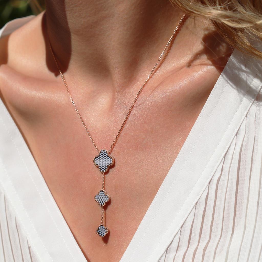 Zirkon Nano Taşlı Alhambra Yonca Rose Gold Kaplama Gümüş Kolye