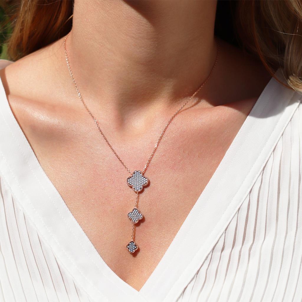 Zirkon Nano Taşlı Alhambra Yonca Rose Gold Kaplama Gümüş Kolye