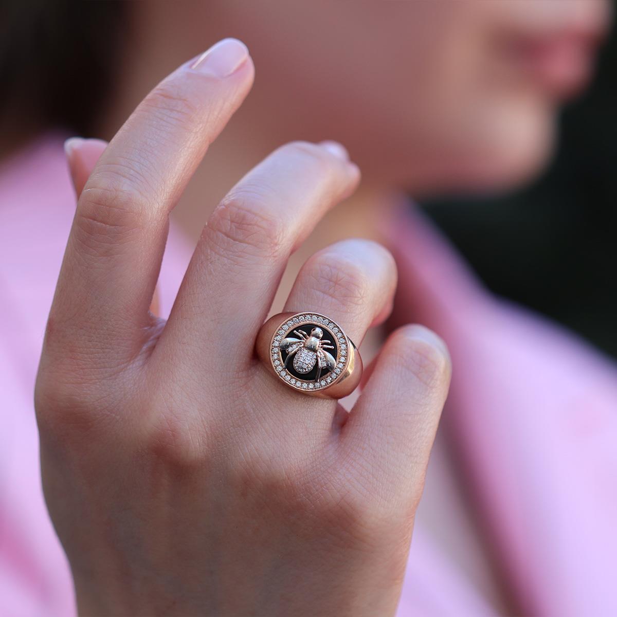 Zirkon Taşlı Arı Figürlü Rose Gold Kaplama Gümüş Yüzük