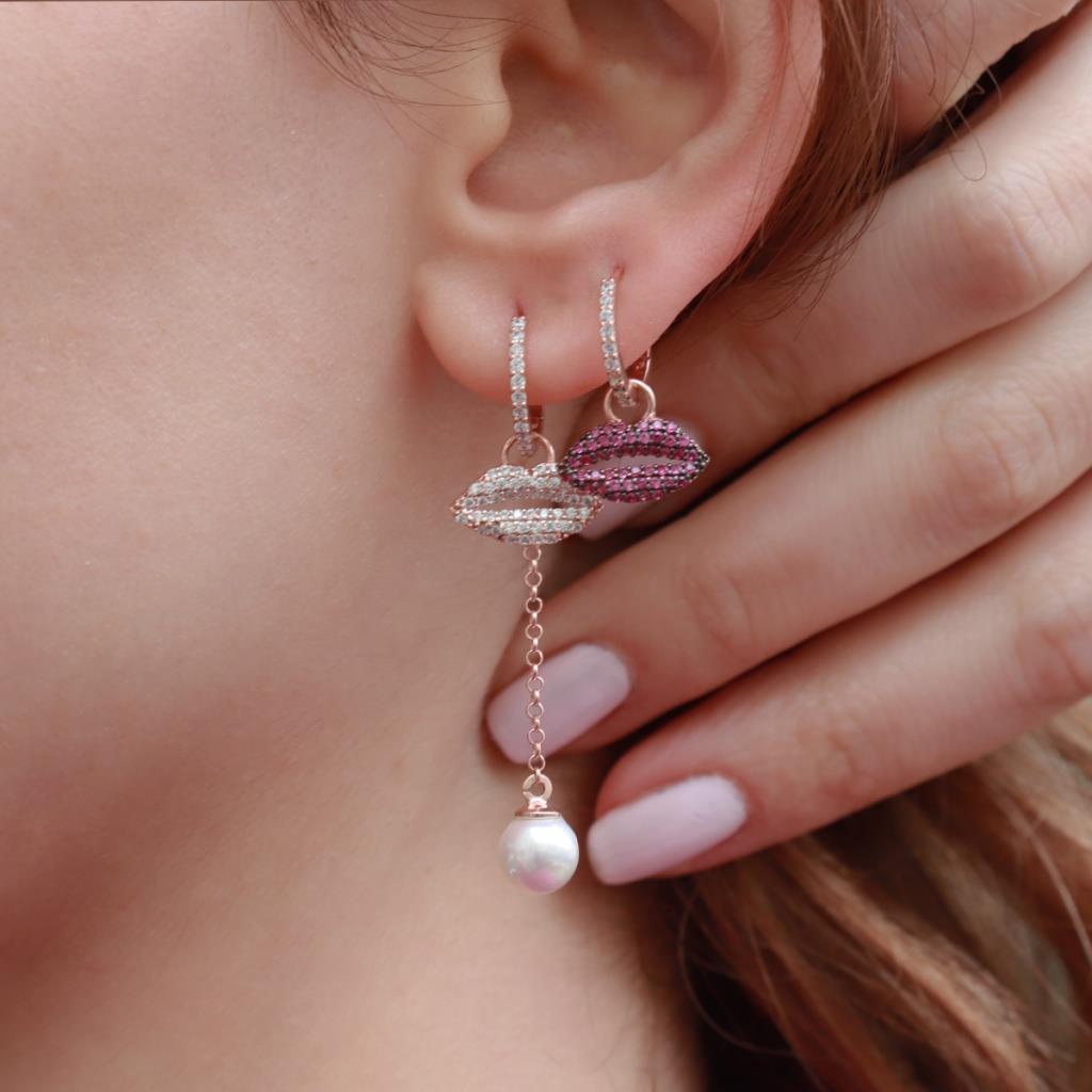 Zirkon Taşlı Dudak Figürlü Rose Gold Kaplama Asansör Zincirli Gümüş Set