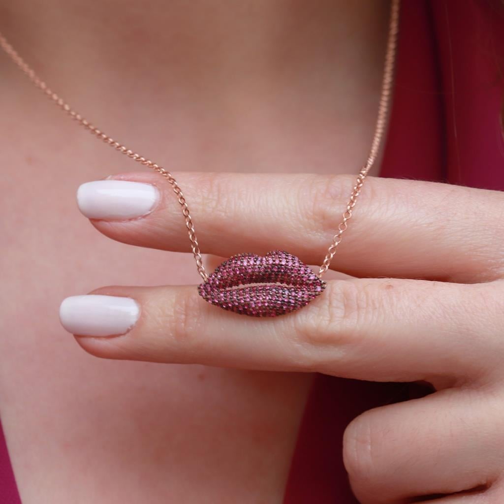 Zirkon Taşlı Dudak Figürlü Rose Gold Kaplama Asansör Zincirli Gümüş Set