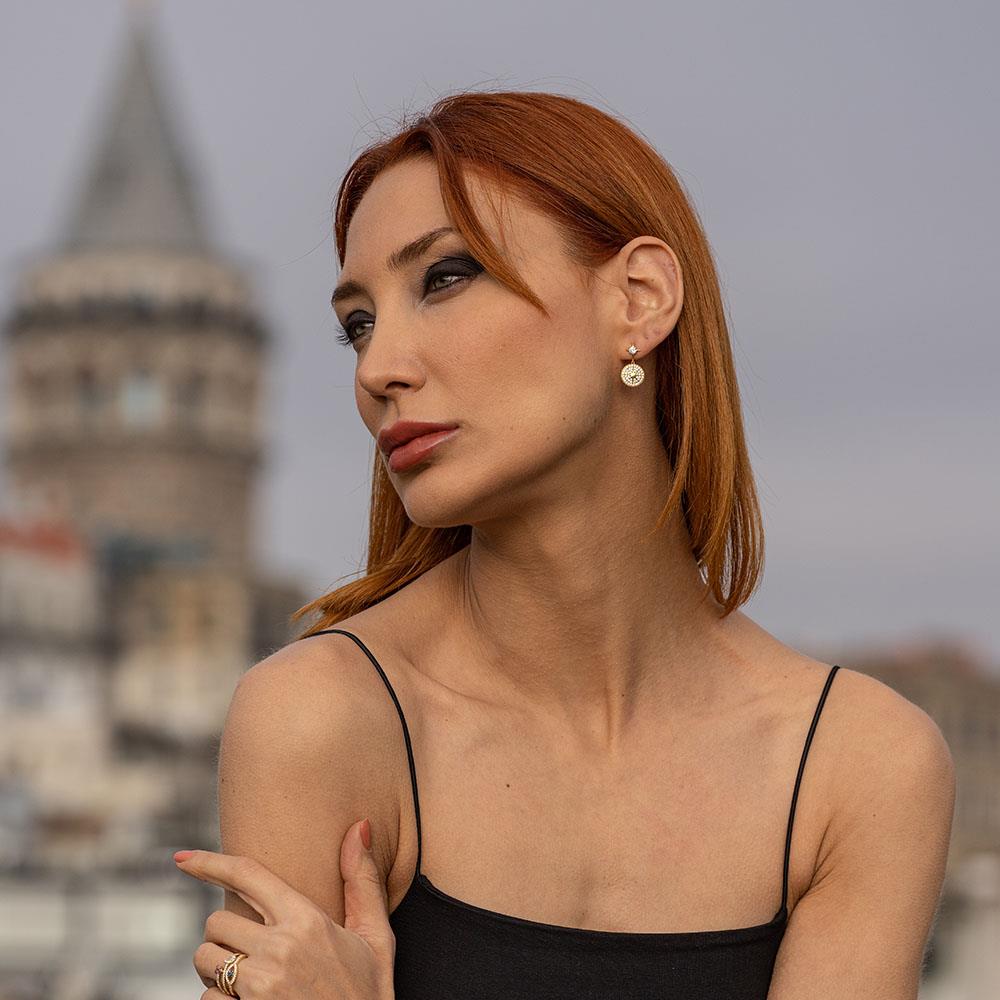 Zirkon Taşlı Gold Kaplama Kutup Yıldızı Gümüş Küpe