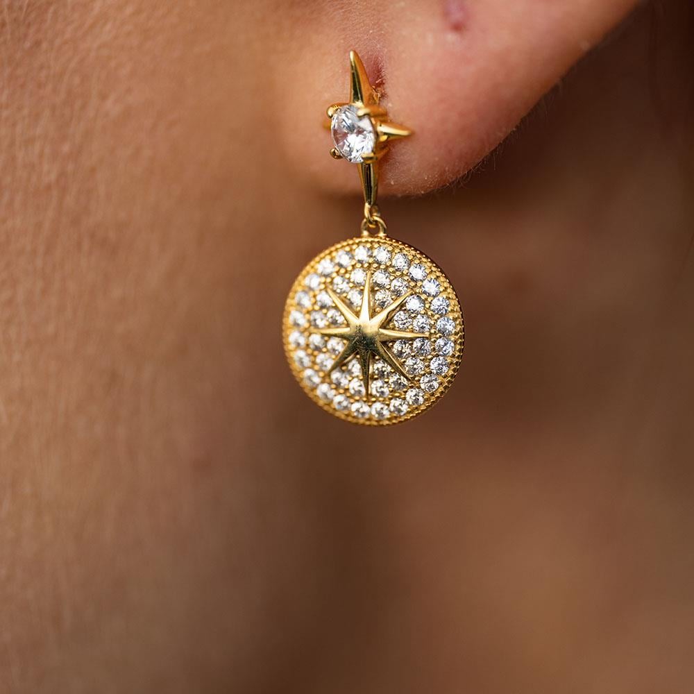 Zirkon Taşlı Gold Kaplama Kutup Yıldızı Gümüş Küpe