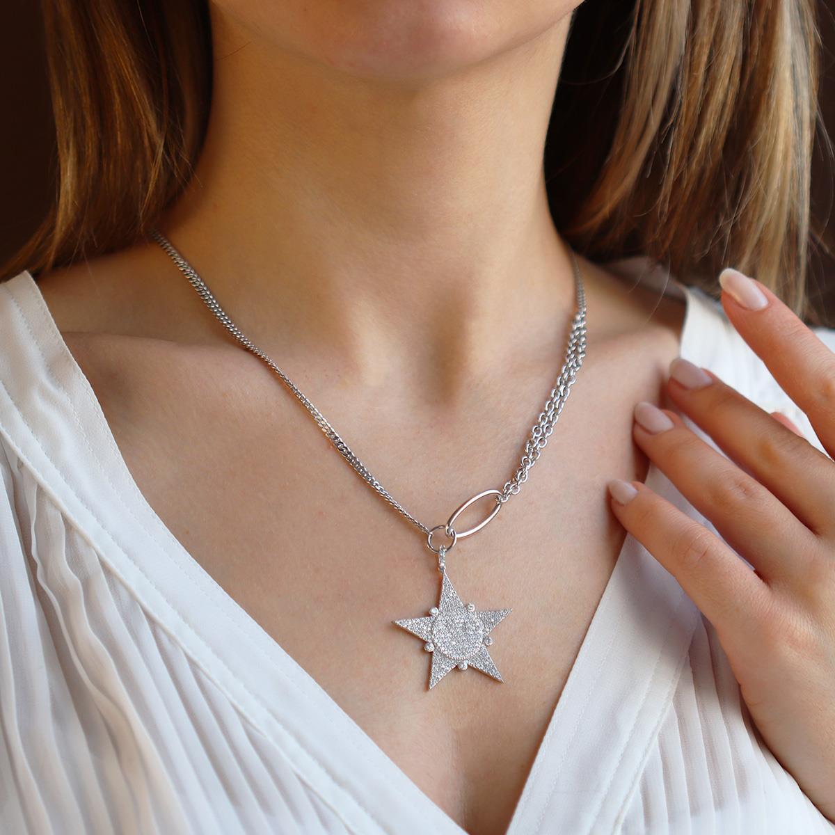 Zirkon Taşlı Gurmet Zincirli Tasarım Yıldız Gümüş Kolye