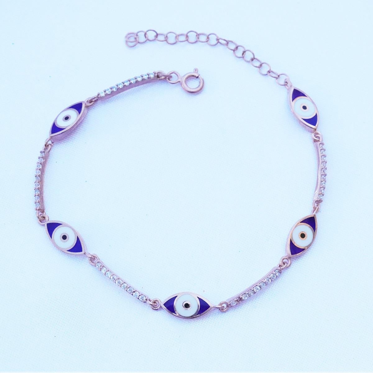 Zirkon Taşlı Lacivert Mine İşli Göz Modeli Rose Gold Kaplama Gümüş Bileklik