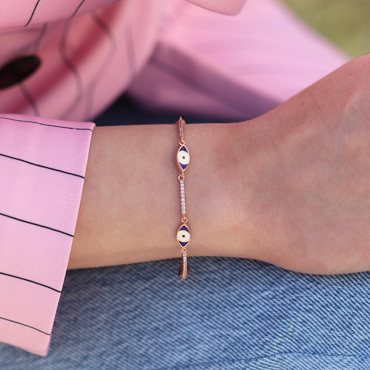 Zirkon Taşlı Lacivert Mine İşli Göz Modeli Rose Gold Kaplama Gümüş Bileklik