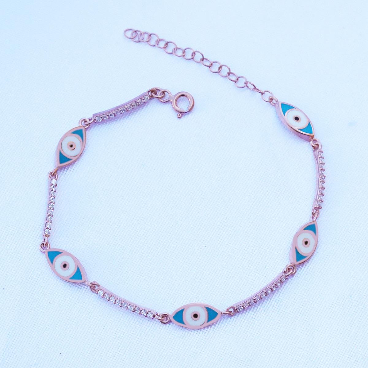 Zirkon Taşlı Mavi Mine İşli Göz Modeli Rose Gold Kaplama Gümüş Bileklik