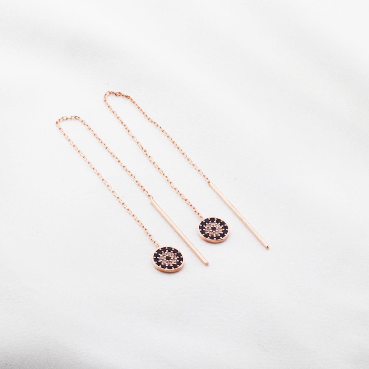 Zirkon Taşlı Nazar Boncuklu Rose Gold Kaplama Gümüş Zincir Küpe