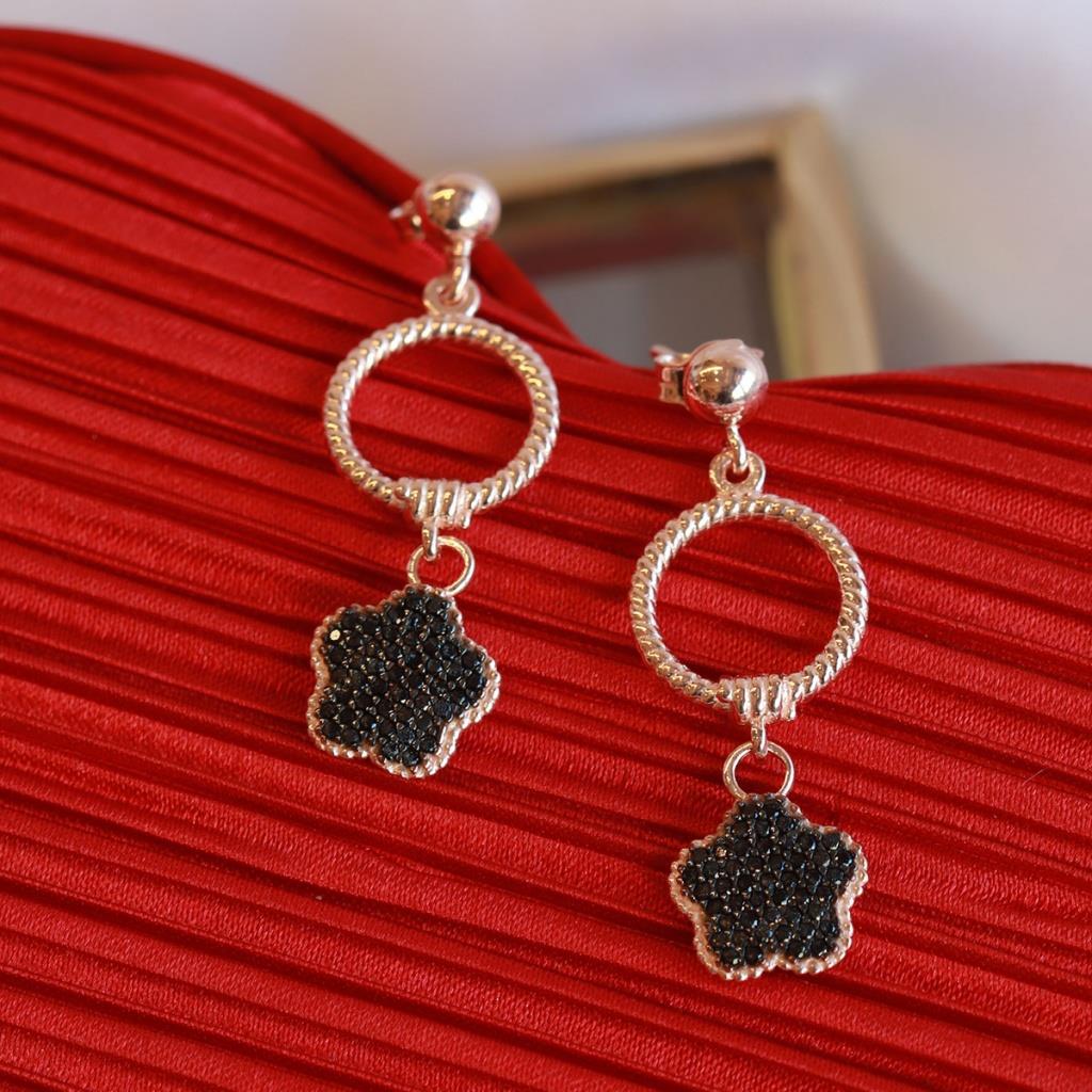 Zirkon Taşlı Rose Gold Kaplama Gümüş Çiçek Küpe