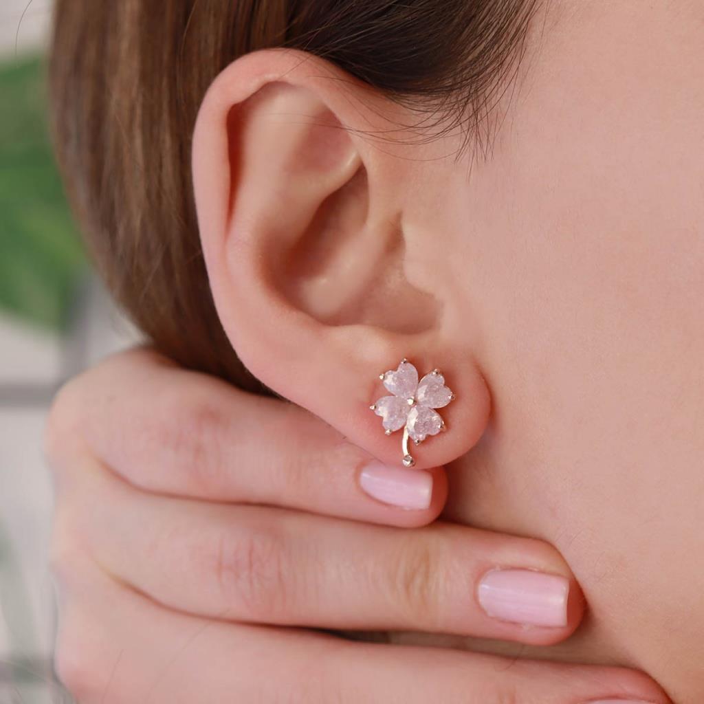 Zirkon Taşlı Rose Gold Kaplama Gümüş Yonca Küpe