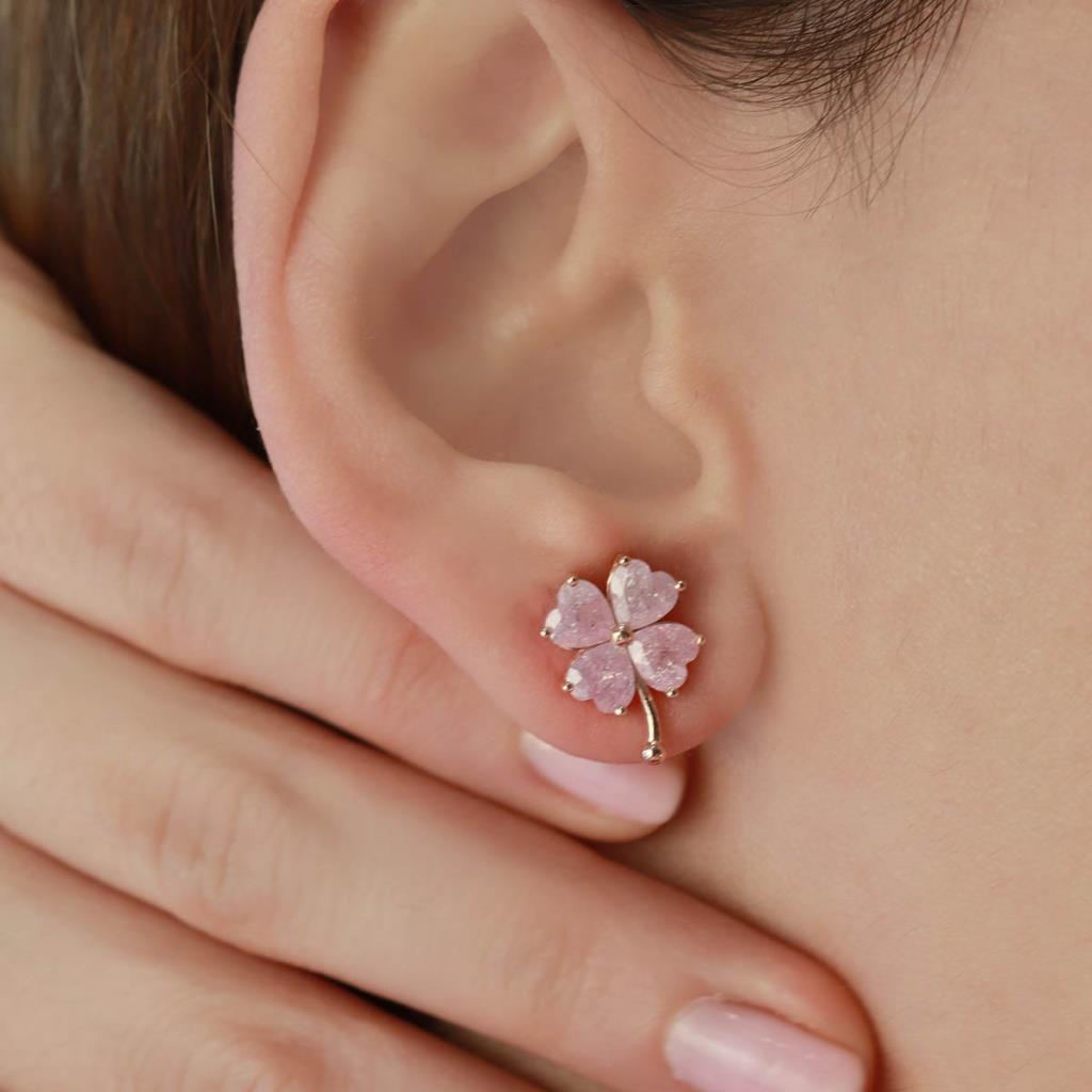 Zirkon Taşlı Rose Gold Kaplama Gümüş Yonca Küpe