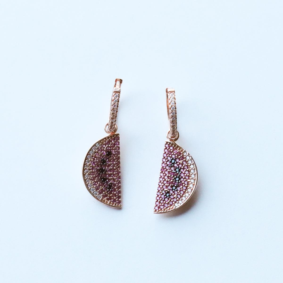 Zirkon Taşlı Rose Gold Kaplama Karpuz Gümüş Küpe