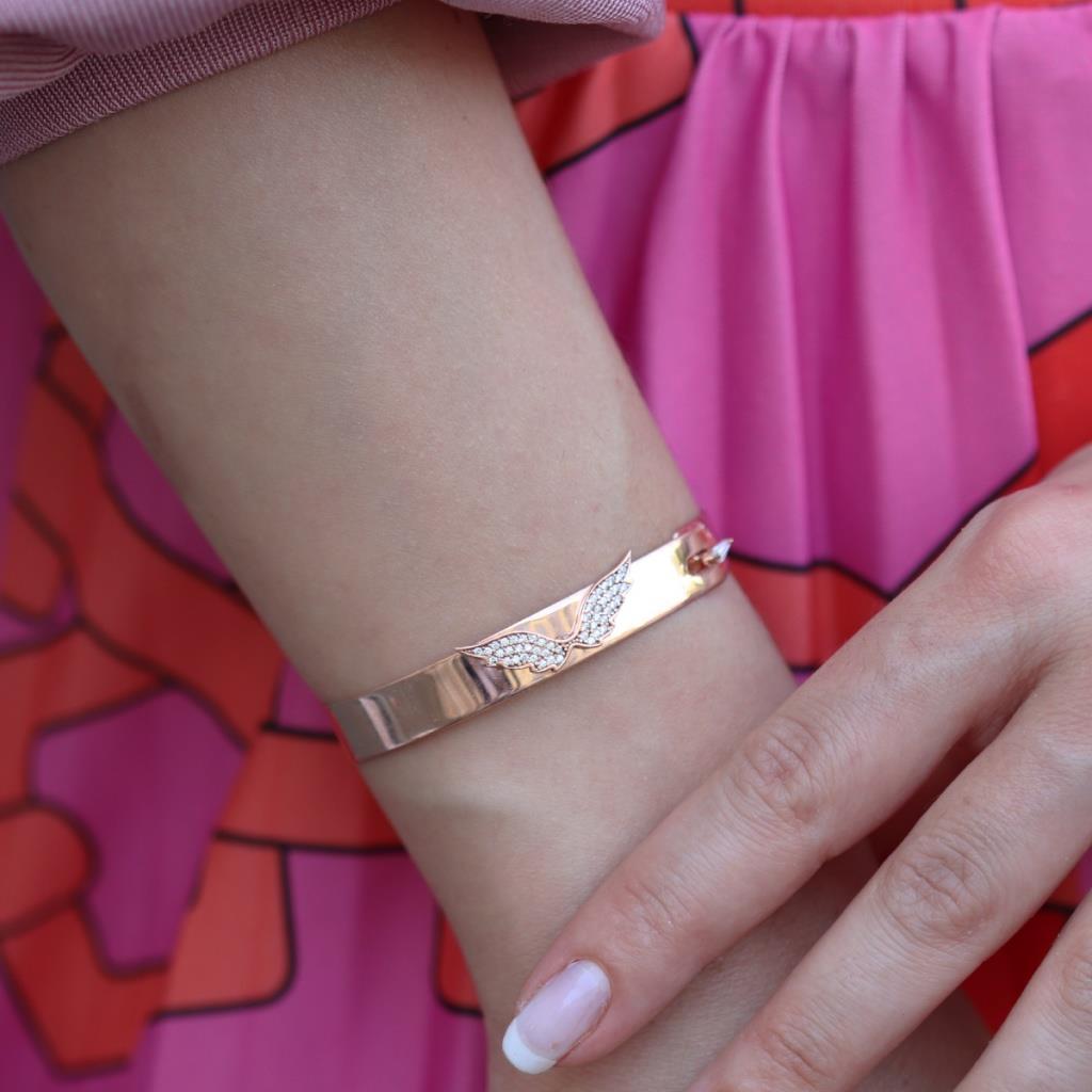 Zirkon Taşlı Rose Gold Kaplama Melek Gümüş Kelepçe