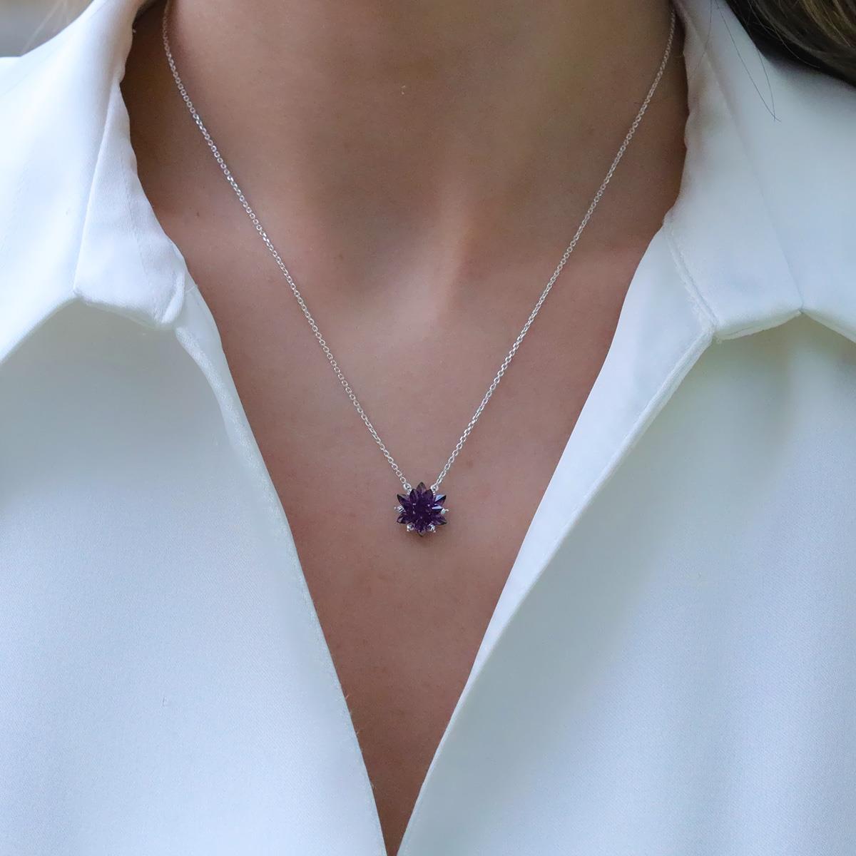 Ametist Taşlı Lotus Çiçekli Gümüş Set