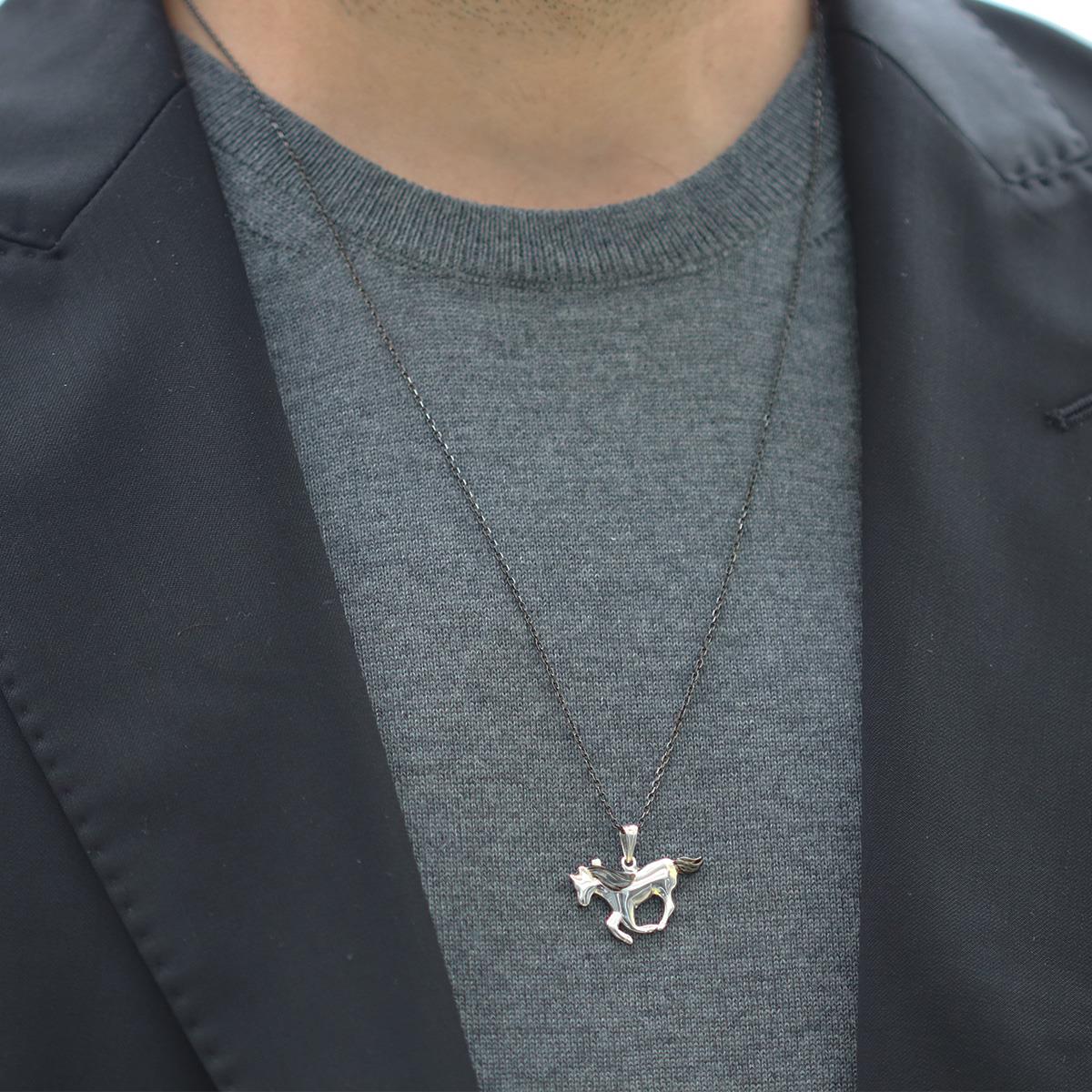 At Figürlü Siyah Rodyum Kaplama Gümüş Erkek Kolye