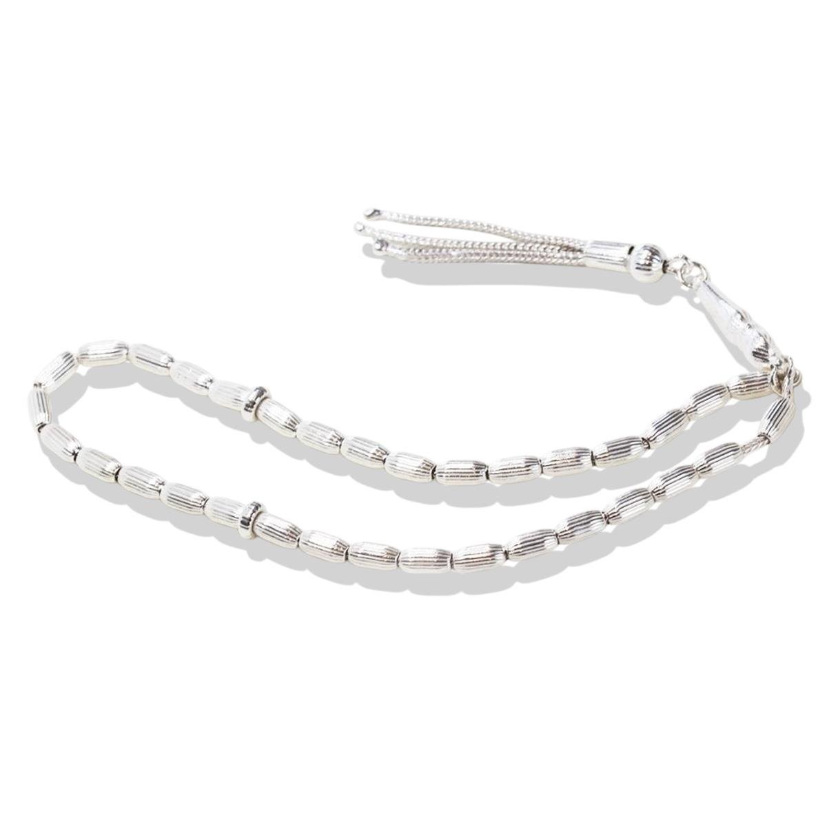 Çizgi İşçilikli Üç Püsküllü Arpa Kesim 925 Ayar Gümüş Tesbih